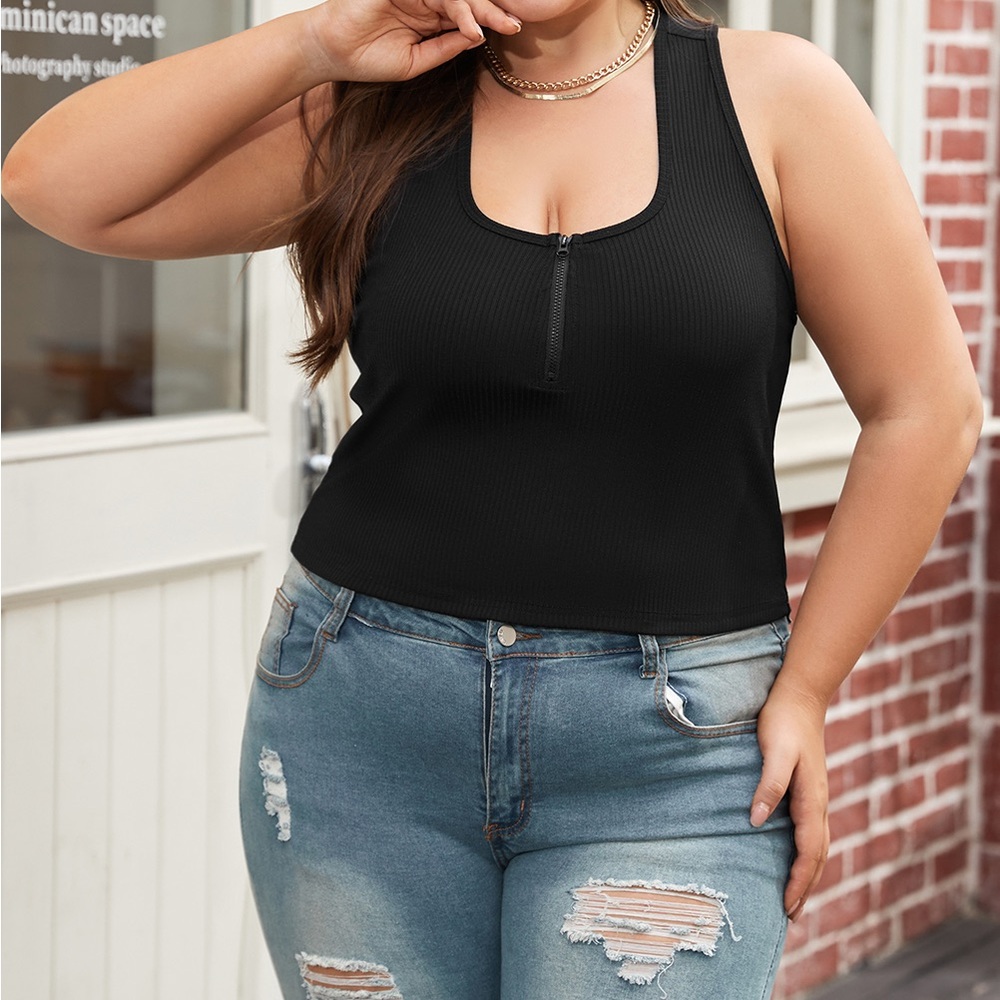 Plus Size Black Zipper Front Racerback Ribbed Tank Top - Picture 6 of 6